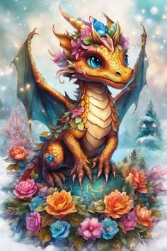 a dragon with flowers on it's head and wings, sitting in the snow