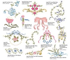 embroidery designs with flowers and bows on white paper, including the names of each type