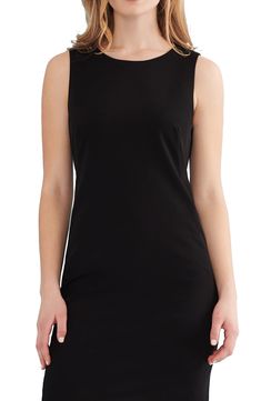 Designed to resist wrinkles, this essential black sheath dress is tailored but not tight and will move from desk to dinner with ease. 37" length Jewel neck Sleeveless Lined 77% polyester, 18% rayon, 5% spandex Machine wash, dry flat Imported Chic Sleeveless Dress For Work, Sleeveless Elastane Mini Dress For Work, Sleek Sleeveless Bodycon Dress, Elegant Black Sleeveless Elastane Dress, Sleek Black Knee-length Sleeveless Dress, Classic Black Stretch Bodycon Dress, Classic Sleeveless Bodycon Dress For Night Out, Black Sleeveless Bodycon Dress For Work, Sleeveless Black Bodycon Dress For Work