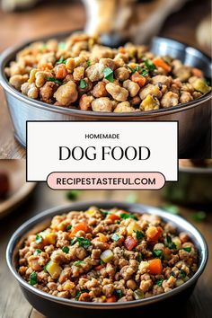 two bowls filled with dog food on top of a wooden table