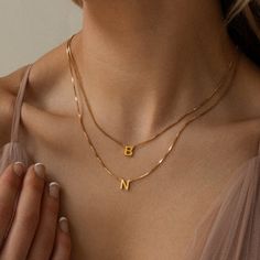 Alice Double Letter Necklace in Box Chain Everyday Jewelry With Box Chain And Initial Pendant, Initial Chain Letter Necklace, Gold Initial Necklace With Box Chain As Gift, Classic Box Chain Jewelry With Initial Pendant, Double Initial Necklace, Oval Rings, Gift List, Letter Necklace, Box Chain