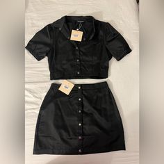 Nwt Skirt Buttons, No Zipper Both Top And Skirt Are Large Black Buttoned Mini Skirt For Work, Fitted Black Mini Skirt With Buttons, Black Buttoned Skirt For Night Out, Velvet Bustier, Brown Crop Top, Mini Skirt Set, Denim Crop Top, Ruffle Crop Top, Tan Top