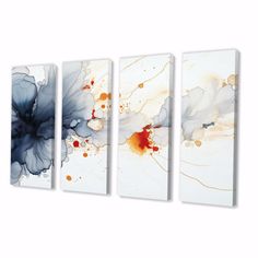 three abstract paintings on white with orange and blue paint splattered in the center