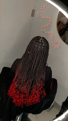 Red Peekaboo Braids With Curls, Notlessbox Braids With Curls With Color, Red Knotless Box Braids With Curly Ends, Black And Red Box Braids, Small Knotless Braids With Curly Ends, Black And Red Braids, Box Braids Curly Ends, Small Knotless Box Braids, Christmas Braids