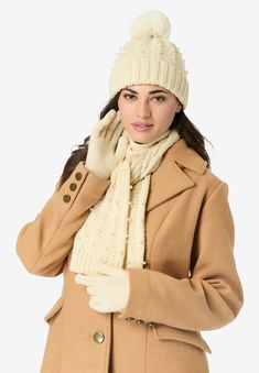 Winter's most wanted: this gorgeous, pearl-embellished cable-knit set.  Scarf: 9.06"x 70.87"; Hat Size:7.87" x 9.06"; Glove: 7.87", one size fits mostAcrylic. Machine wash Imported Cable Knit Hat, Thermal Sweater, Womens Scrubs, Hat Scarf, Sweater Collection, Tunic Tank Tops, Most Wanted, Sweater Tank Top, Knit Set