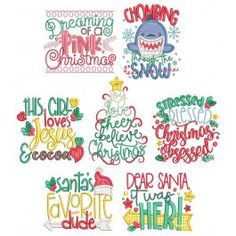 embroidery designs for christmas sayings and phrases in different styles, including snowflakes, santa