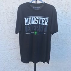 Monster Energy T-Shirt, Nwot Black Tops For Fan Merchandise With Branding, Black Branded Tops For Fan Merchandise, Black Tops For Fan Merchandise, Black Fan Merchandise T-shirt With Branding, Black Branded T-shirt For Fan Merchandise, Monster Energy, Black Green, Tee Shirts, Mens Shirts