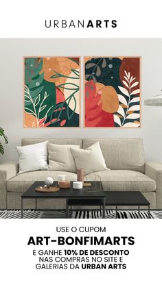 an advertisement for art - bonifmarts featuring two abstract paintings on the wall