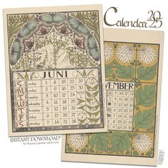 two calendars with flowers and leaves on them