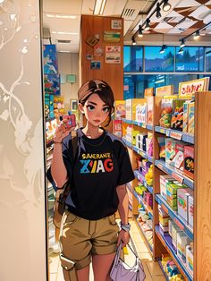 a woman is standing in front of a store aisle