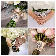 wedding bouquets and rings are arranged in four different pictures, including the bride's bouquet