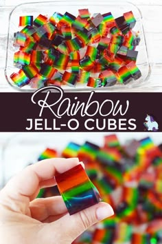 rainbow jello - o cubes in a glass container with text overlay that says rainbow jello - o cubes