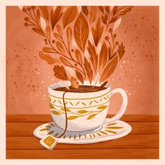 a painting of a coffee cup with leaves coming out of it on a saucer