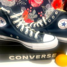 Navy And White High Top Sneakers Canvas High Top Sneakers, White High Tops, All Stars Converse, Converse White, Womens Converse, Chuck Taylor All Star, Converse Shoes, Chuck Taylor, Chuck Taylors