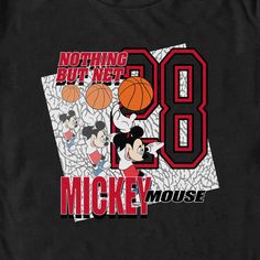 Who knew that dressing "mousey" could be so cute!? Celebrate Walt Disney's most iconic character with this officially licensed Disney Mickey Mouse and Friends Nothing but Net Men's Graphic T-Shirt. This sporty tee features a graphic of Mickey playing basketball alongside the number "28" and the phrase "Nothing but Net" in red lettering. Add this vintage Disney tee to your collection for the perfect style for your next trip to Disneyland! Black Disney Fan Merchandise T-shirt, Disney Mickey Mouse T-shirt For Streetwear, Sporty Cartoon Print T-shirt For Fans, Disney Streetwear T-shirt With Letter Print, Disney Letter Print T-shirt For Streetwear, Trip To Disneyland, Disney Tee, Playing Basketball, Disney Tees