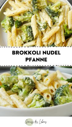 broccoli and pasta in a white bowl with text overlay that reads, brooklyn nudel penne