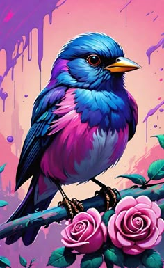 a painting of a bird sitting on a branch with pink roses in front of it