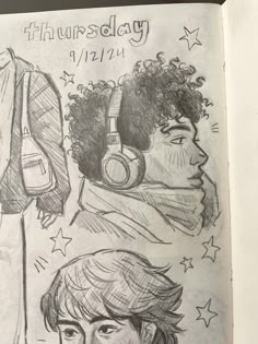 an open book with drawings of two people and headphones on top of each other