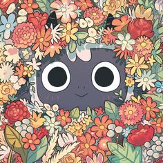 an animal surrounded by flowers and plants with eyes wide open to look like it's hiding in the ground