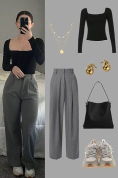 Sneakers For Dress Pants, Grey Pants Black Top Work Outfits, Tops To Wear With Black Trousers, Pleated Trouser Outfit Women, Outfits With Trousers Women, Top With Trousers Outfit, Trousers Outfit For Women Casual, Outfit Inspo Black Trousers, Black Formal Trousers Outfit