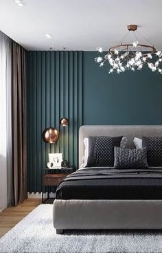 a bedroom with green walls and white carpeted flooring, an upholstered bed is in the center of the room