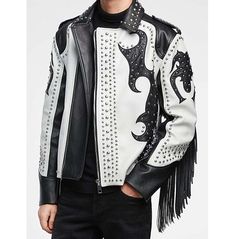 Handmade Men Two Tone Biker Studded White Leather Jacket, Motorcycle Jacket Jaket Motor, Stylish Leather Jacket, Studded Leather Jacket, White Leather Jacket, Black And White Jacket, Zippers Fashion, Studded Jacket, Western Jacket, Fringe Jacket