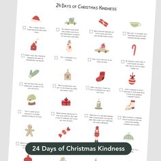 the 24 days of christmas kindness printables are shown in red, green and white