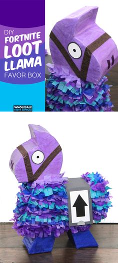 the paper pony is made with purple and blue strips