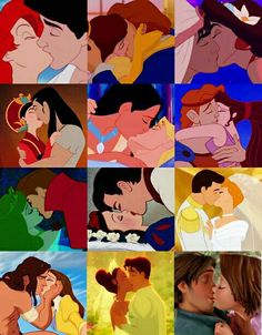 some disney characters kissing each other in different poses, with the same color as their faces