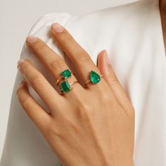 Take your style to the next echelon with the Green Goddess Ring from our Envy collection. Handcrafted by our expert jewelry artisans, the ring is made from 925 sterling silver plated in 14K gold for a hypoallergenic and stunning finish. The showstopping emerald fusion stone glistens with an abundance of beauty that adds an opulent touch. Finished with cubic zirconia, it creates an old-money look while being affordably priced. Metal: 925 Silver Plating: 14K Gold E-coated Size: 6-9 Adjustable Ston Luxury Classic Teardrop Emerald Ring, Luxury Emerald Pear-shaped Jewelry, Luxury Pear-shaped Emerald Jewelry, Exquisite Pear-shaped Emerald Jewelry, Fine Jewelry Open Ring With Prong Setting, Fine Jewelry Pear-shaped Emerald Ring Vvs Clarity, Modern Green Jewelry With Prong Setting, Fine Jewelry Pear-shaped Emerald Ring With Vvs Clarity, 14k Gold Emerald Ring With Vs Clarity