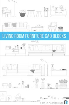 the living room furniture cad blocks are shown in blue and white, with text overlaying