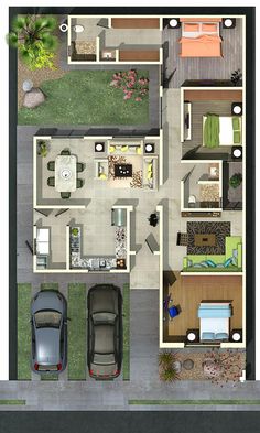 an overhead view of a house with two cars parked in the driveway