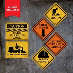 four warning signs on the side of a cement wall that read caution, crane punch, construction zone and dump gifts here