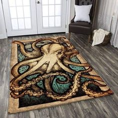 an octopus rug is on the floor in front of a white door with a brown chair