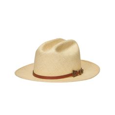 Expertly crafted from genuine Panama straw, the JAYLEE hat boasts a natural color and a 2.75 inch brim. The included brown buckle adds a touch of sophistication to this timeless accessory. Stay cool and chic in the heat with the JAYLEE hat. Brown Straw Panama Hat With Curved Brim, Short Brim Brown Straw Hat, Brown Straw Hat With Short Brim, Brown Short Brim Straw Hat, Classic Adjustable Sun Hat With Single Vent, Elegant Summer Fedora For Rodeo, Adjustable Classic Sun Hat With Single Vent, Formal Western Hat For Spring, Western Style Formal Spring Hat