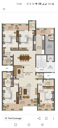 an apartment floor plan with three bedroom and two bathrooms on the first level, in front of