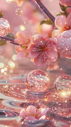 pink flowers and bubbles floating in the water