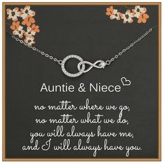 PRICES MAY VARY. Auntie niece necklace: This beautiful necklace consists of a infinity symbol and a big CZ circle. The pendant’s meaning is: the love between aunt and niece is forever. The pendant means you will be linked together forever and the love is eternity. No matter where we go, no matter what we do, you will always have me and I will always have you. Materials: This piece of necklace is made of 925 Sterling Silver. It was polished by manual, so it’s very shiny, definitely catch other’s Infinity Necklace For Birthday And Mother's Day, Infinity Necklace For Birthday Or Valentine's Day, Meaningful Infinity Jewelry Gift, Meaningful Silver Infinity Jewelry, Mother's Day Anniversary Necklace With Lobster Clasp, Infinity Necklace With Lobster Clasp As Gift, Meaningful Infinity Jewelry For Anniversary, Sterling Silver Infinity Jewelry For Birthday Gift, Infinity Sterling Silver Jewelry For Birthday