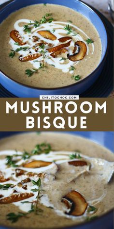 mushroom bisque in a blue bowl on a wooden table with text overlay that reads mushroom bisque