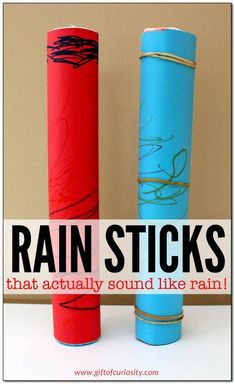 two blue and red tubes with the words rain sticks that actually sound like rain on them