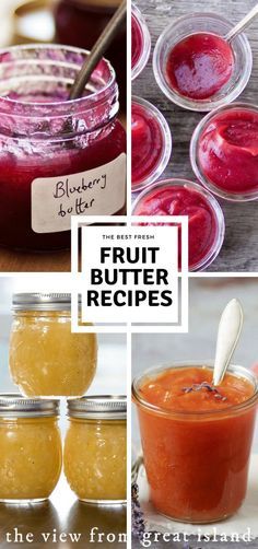 four different types of fruit butter in jars and spoons with the words, the very best