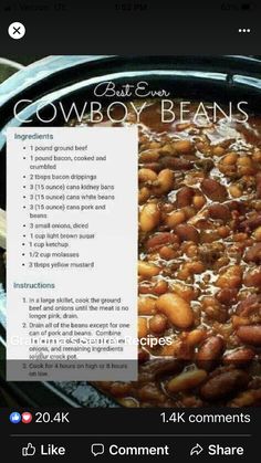 the recipe for cowboy beans is displayed on an iphone