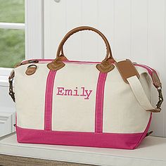 Luxurious Weekender Embroidered Canvas Duffel- Pink Pink Canvas Tote Bag, Hang Bag, Canvas Duffel Bag, Sleepover Bag, Personalization Mall, Canvas Duffle Bag, Pink Towels, Personalized Luggage, Embroidered Canvas