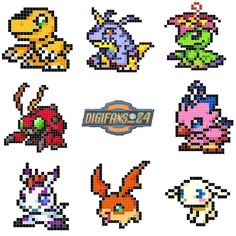 some pixelated pokemon characters are shown in different colors and sizes, with the word's logo above them