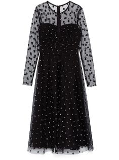 black tulle overlay glitter polka dot flocked finish rear zip fastening round neck with keyhole detail long sheer sleeves fitted waistline A-line skirt internal slip dress straight hem mid-length Polka Dot Midi Dress, Midi Dress Black, Yoko London, Black Tulle, Exclusive Fashion, Sheer Sleeves, Black Midi Dress, Cocktail Dress Party, Coat Dress