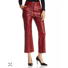 Perfect Condition Gorgeous Crimson Red Faux Leather Snakeskin Pants. High Rise, Snap And Zip Closure. Cropped Leg, Detached Skinny Belt. Lined Throughout. Non-Smoking Home Size: Medium Waist: 14” Inseam: 25 1/2” Snakeskin Pants, Ronny Kobo, Cropped Pants Women, Crimson Red, Pants Color, Leather Design, Sale Design, Cropped Pants, Snake Skin