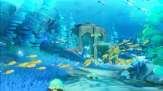 an underwater scene with lots of fish swimming in the water and a building on the other side