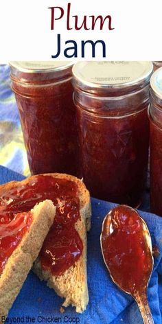 two jars of plum jam and a spoon on a blue towel with text overlay