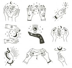 several hand drawn images with different symbols and designs on them, including hands holding objects