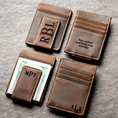 Our laser engraved full grain leather money clip makes a perfect gift for a person who likes the minimalist aesthetic or for any occasion; graduations, birthdays, Father's Day, weddings, groomsmen sets or anything really. The strong magnets and sturdy design of our money clips can securely hold up to 10-12 bills folded in half. Custom Design: Please send us your artwork. Depending on the quality of the artwork, we might not be able to engrave all custom work. (Must be white background and black Engraved Money Clip, Groomsmen Gifts Personalized, Leather Money Clips, Money Clips, Custom Wedding Gifts, Personalized Wallet, Clip Wallet, Leather Wallets, Leather Conditioner